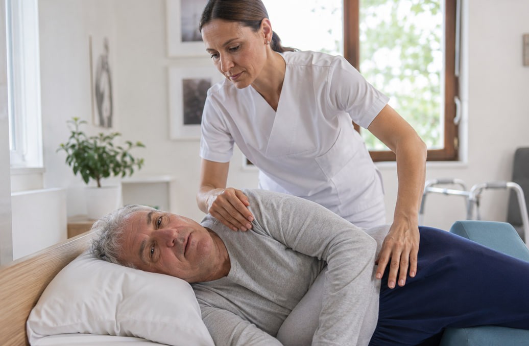Una caregiver che aiuta un paziente allettato a girarsi sul letto | HIP Sistema Letto