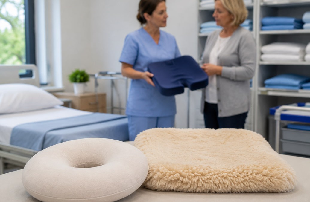 Un cuscino a ciambella accanto a un vello di pecora sintetico | HIP Sistema Letto