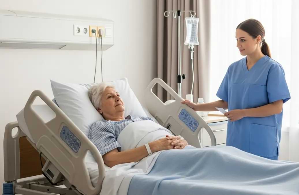 Anziana a letto in ospedale con infermiera giovane accanto | HIP Sistema Letto