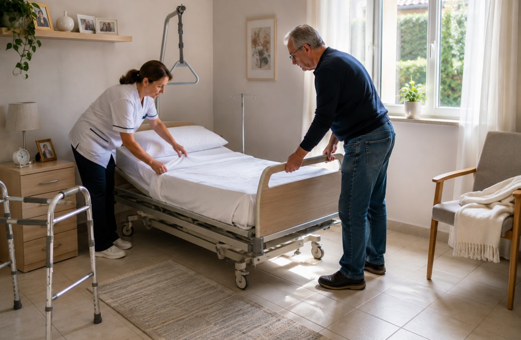 Un caregiver familiare con un'OSS predispongono una camera per la degenza domiciliare per un paziente appena dimesso | HIP Sistema Letto