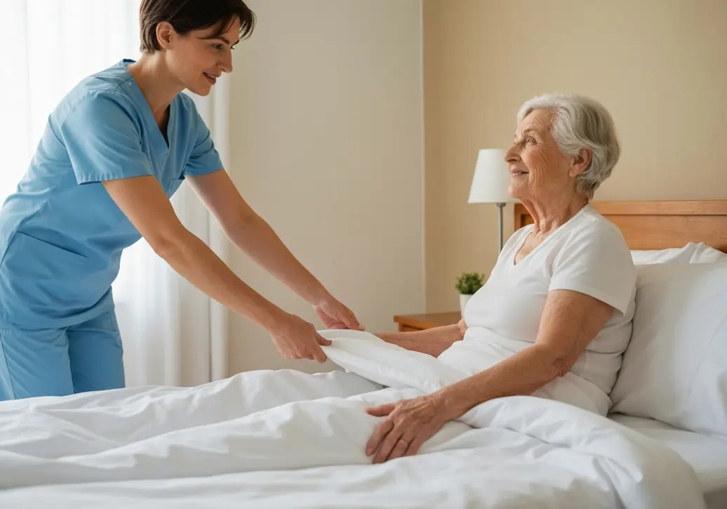 Donna anziana allettata assistita a casa da un operatore sanitario | HIP Sistema Letto
