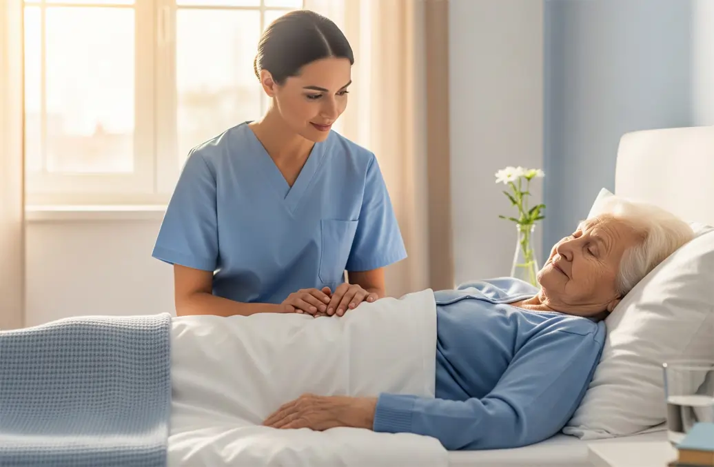 Anziana allettata riposa serenamente sul suo materasso antidecubito | HIP Sistema Letto