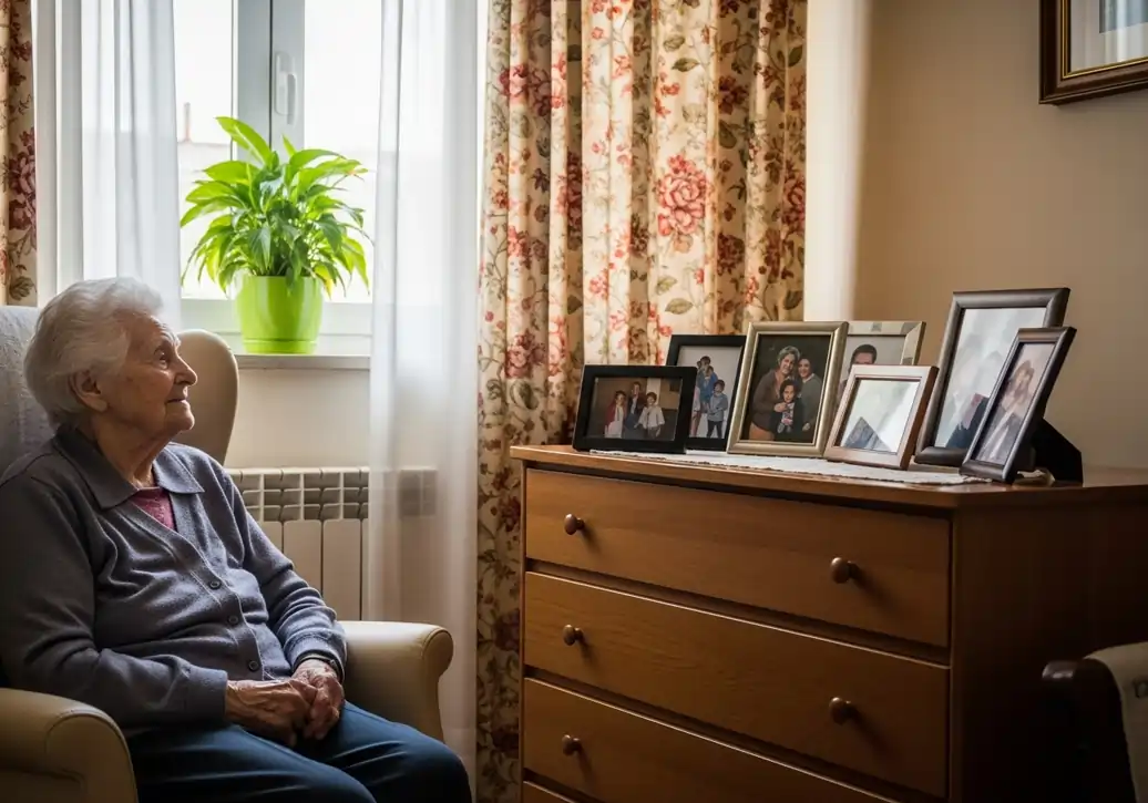 Anziana si gode le tante foto di famiglie posizionate sulla cassettiera della sua camera | HIP Sistema Letto