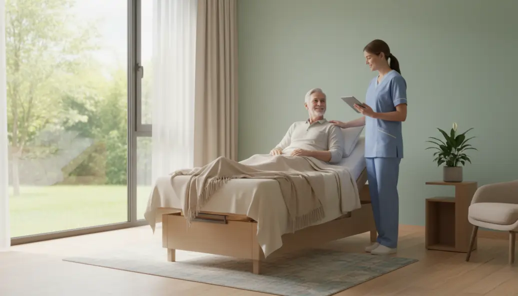 Anziano degente a letto in compagnia di giovane infermiera | HIP Sistema Letto