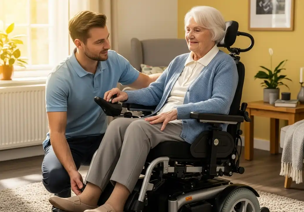 Assistenza di una donna anziana in carrozella da parte di un giovane caregiver | HIP Sistema Letto