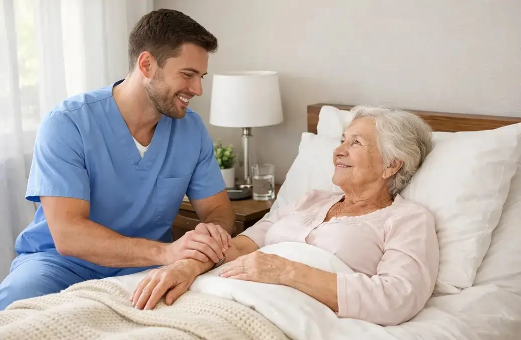 Un giovane caregiver assiste anziana a casa | HIP Sistema Letto