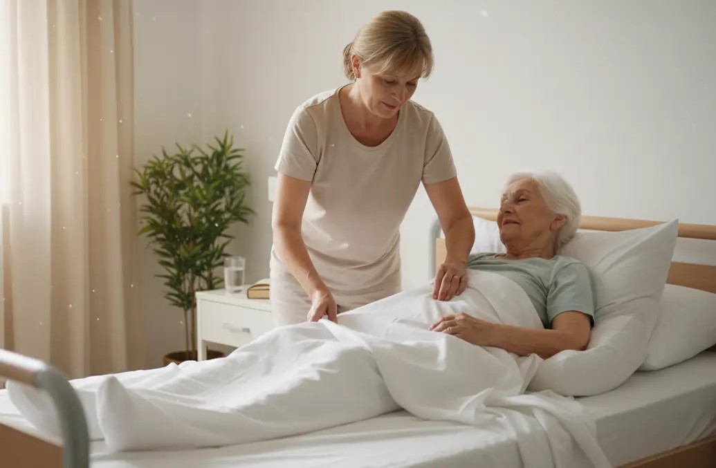 Una caregiver premurosa aiuta una paziente a letto durante degenza domiciliare | HIP Sistema Letto