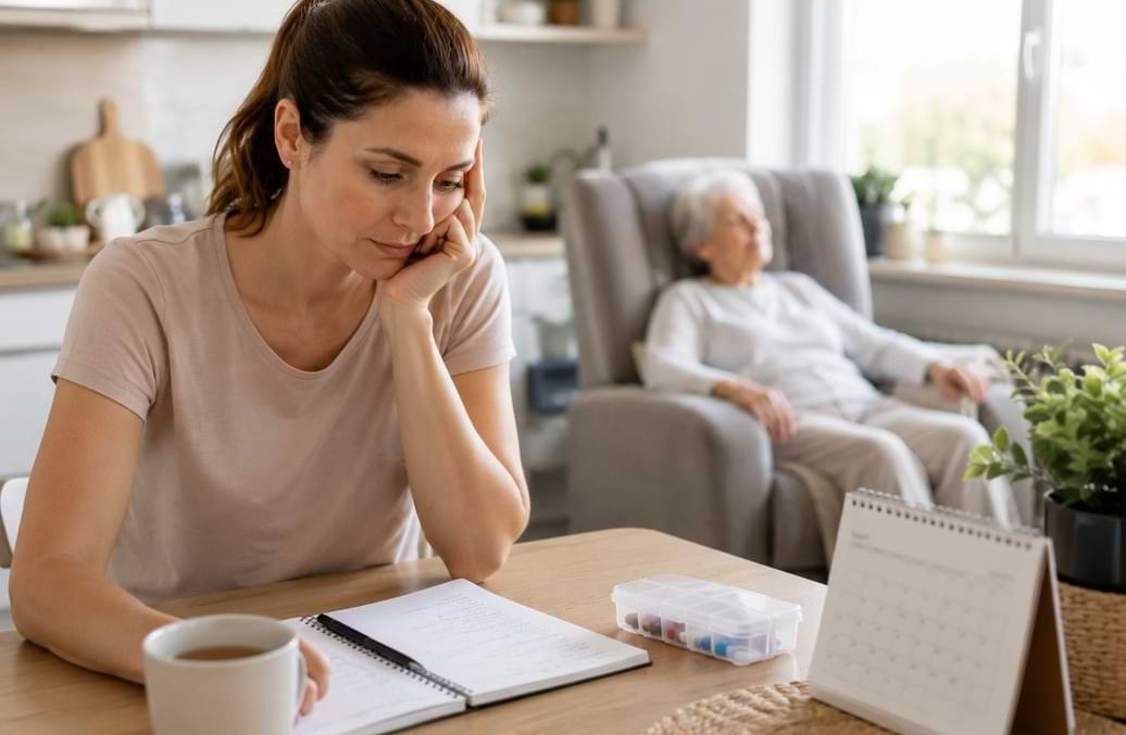 Una caregiver stressata e sfiduciata alla scrivania pianifica la settimana con nello sfondo un'anziana degente domiciliare che riposa su una poltrona | HIP Sistema Letto