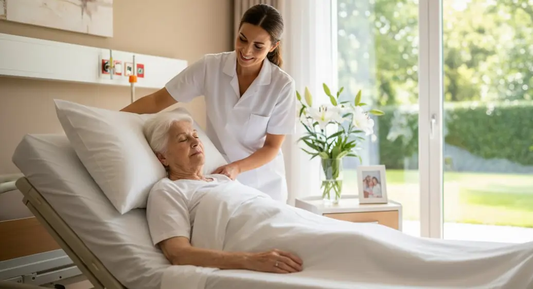 Donna anziana alletta riposa serenamente in una moderna RSA | HIP Sistema Letto 