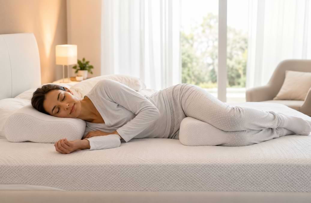 Una giovane donna riposa in posizione di decubito laterale nel suo letto | HIP Sistema Letto
