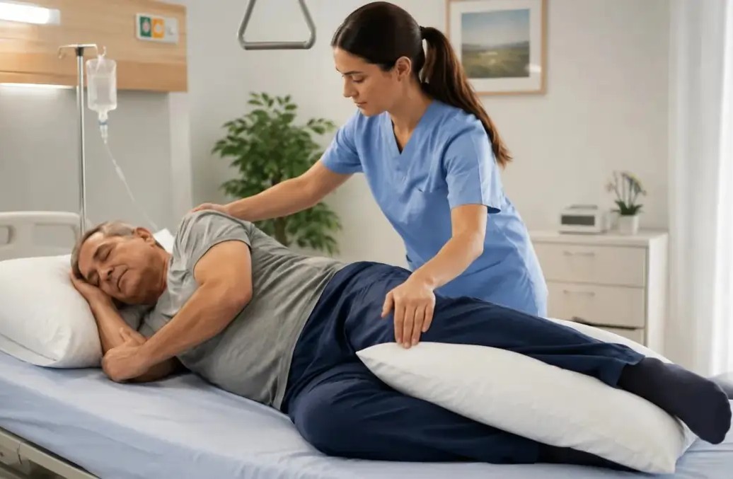 Una infermiera aiuta degente a evitare decubito laterale | HIP Sistema Letto