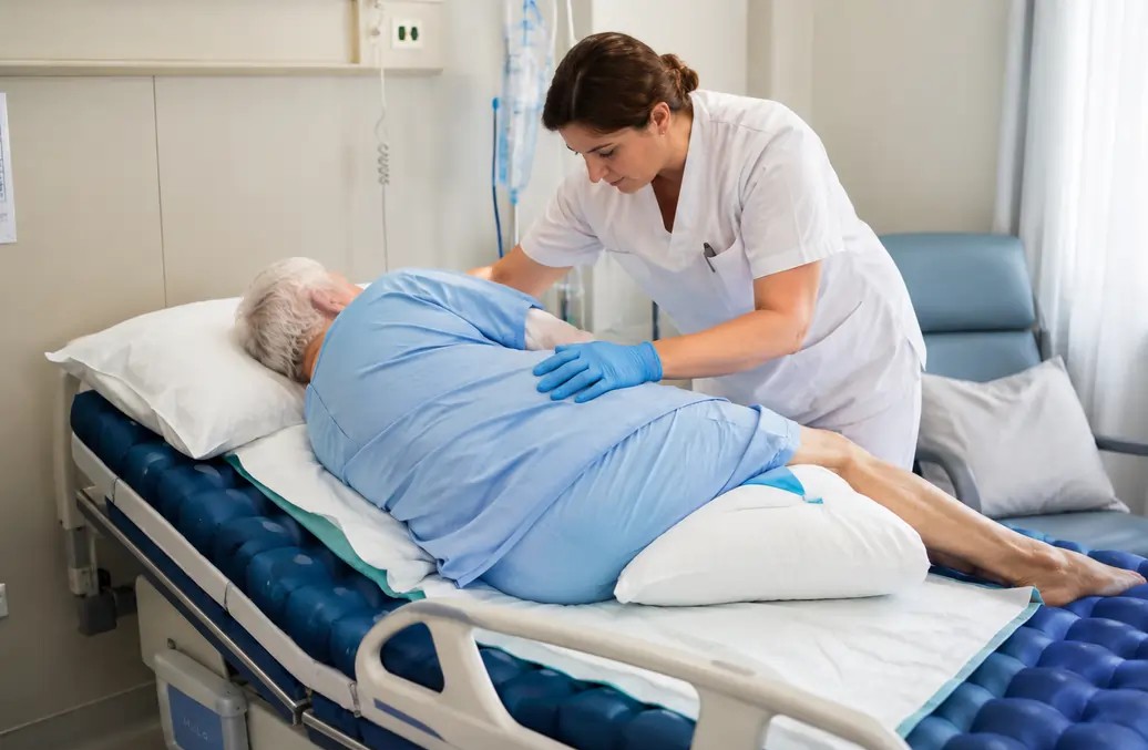 Un degente in ambito domestico viene girato da una caregiver per evitare lesioni da pressione | HIP Sistema Letto
