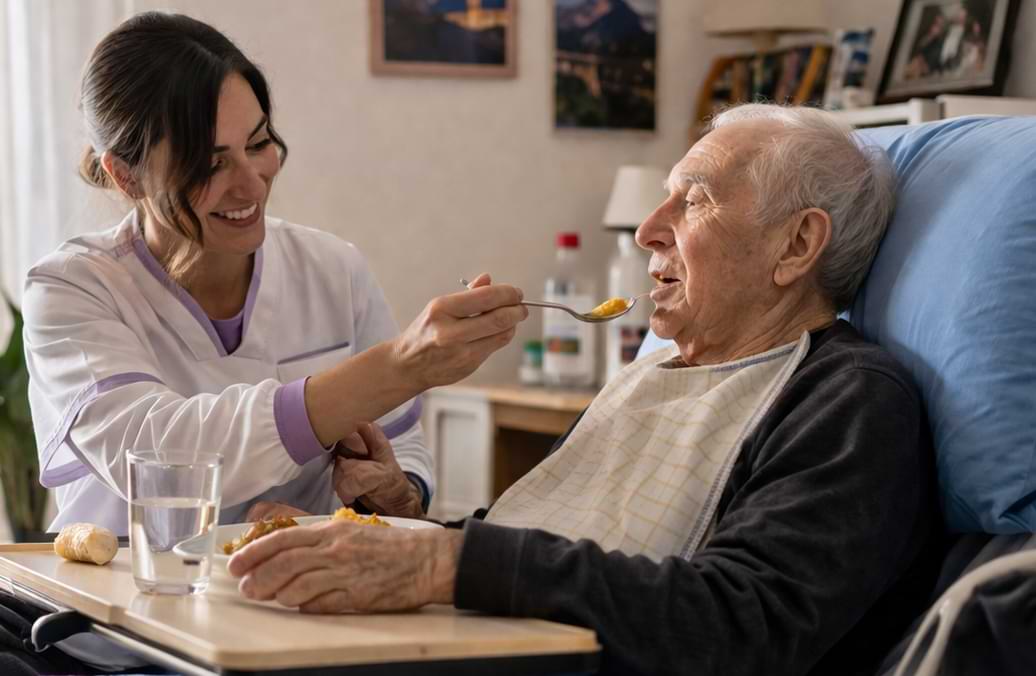 Un anziano degente domiciliare mangia a letto con l'aiuto di una caregiver  | HIP Sistema Letto