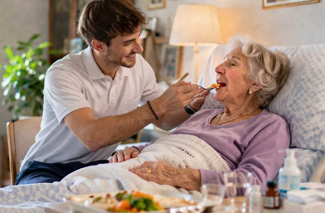 Una degente anziana allettata durante un pasto assistita da caregiver | HIP Sistema Letto