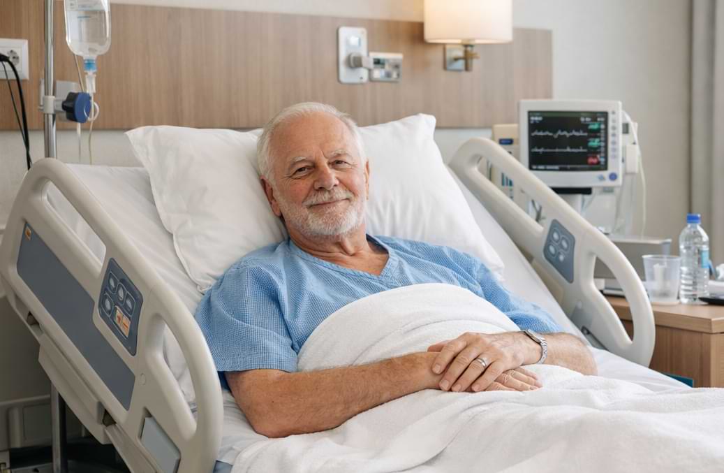 Un uomo anziano degente a letto in struttura ospedaliera sorride guardando in camera | HIP Sistema Letto