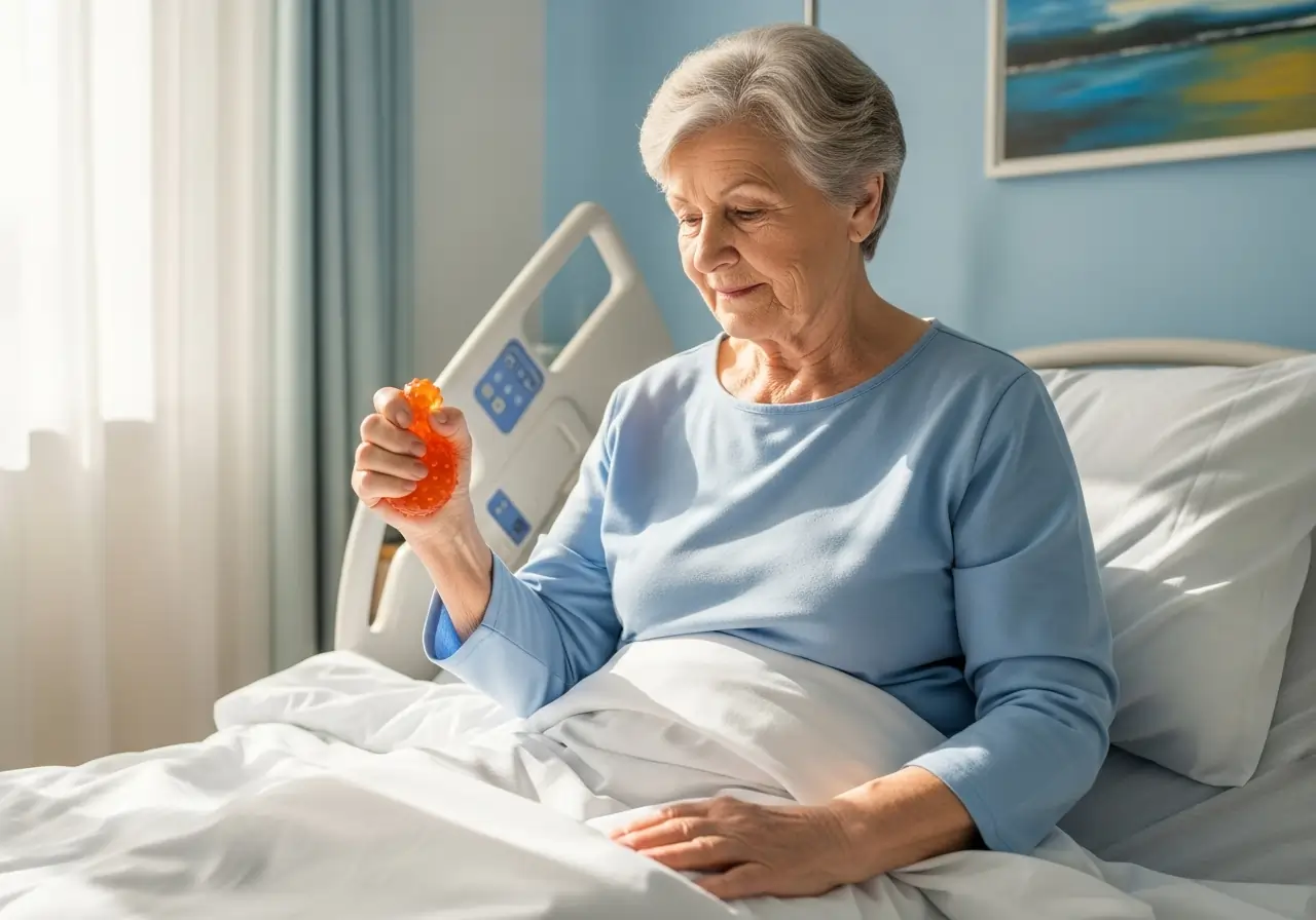 Donna anziana allettata fa dei semplici esercizi per mantenere tonica la muscolatura delle braccia | HIP Sistema Letto