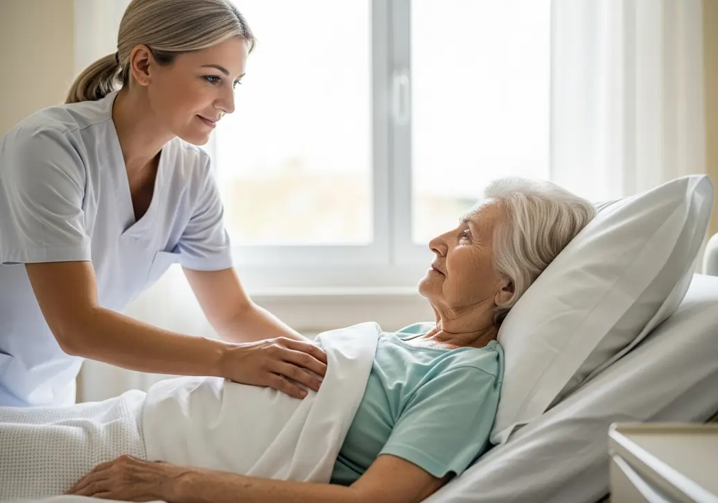 Donna anziana allettata viene controllata in modo professionale da una OSS sulla trentina | HIP Sistema Letto