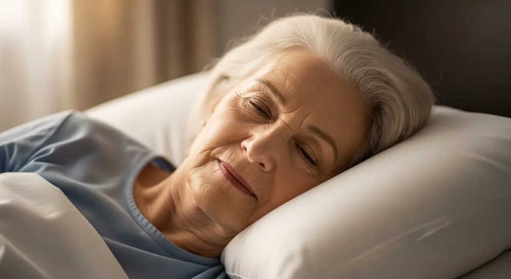 Primo piano di una donna anziana allettata dorme serenamente su un cuscino antidecubito | HIP Sistema Letto