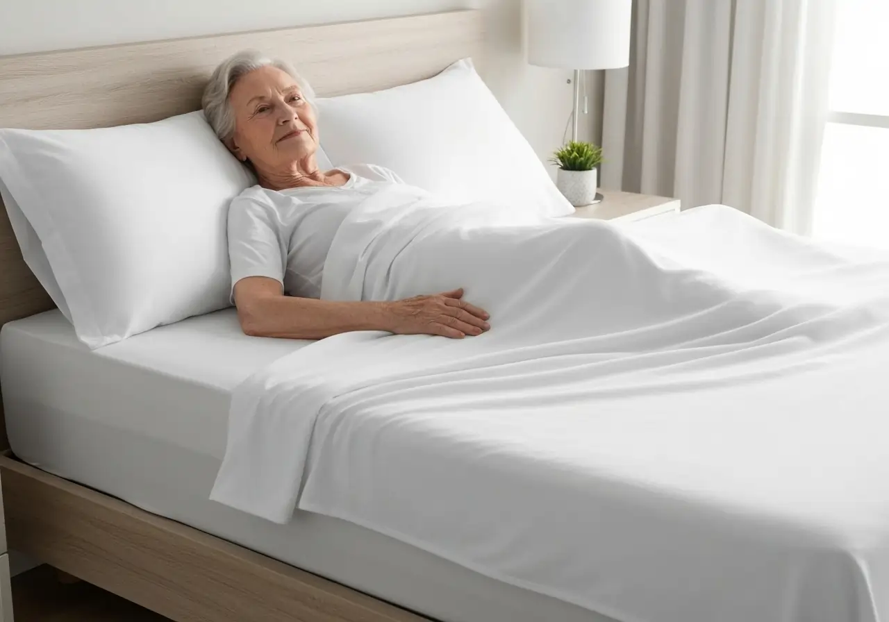 Donna anziana allettata riposa in un letto immacolato con lenzuola e federe senza pieghe | HIP Sistema Letto