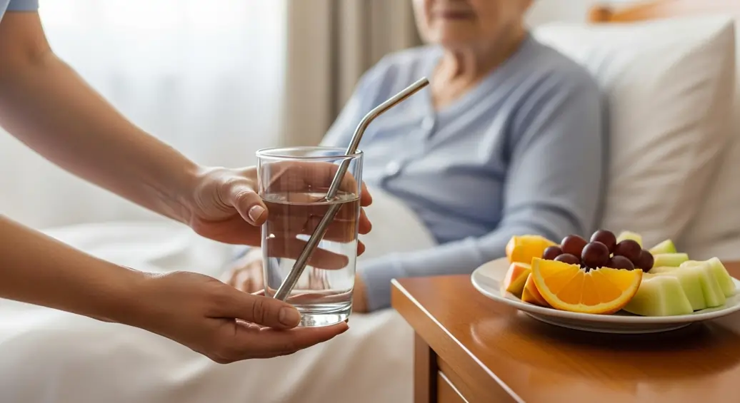 Caregiver avvicina un bicchiere di acqua per il degente, su un tavolino dove è già presente della frutta | HIP Sistema Letto