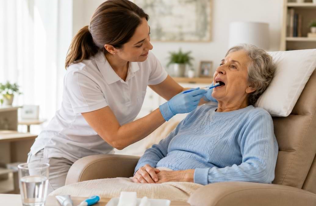 Una caregiver si occupa dell'igiene orale di una degente anziana lavandole i denti con uno spazzolino | HIP Sistema Letto