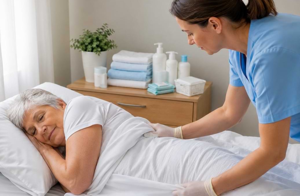 Una caregiver sistema le lenzuola a una degente allettata | HIP Sistema Letto