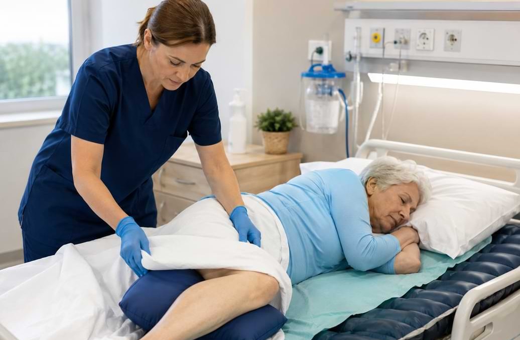 Una caregiver si prende cura di una degente allettata in una struttura ospedaliera | HIP Sistema Letto