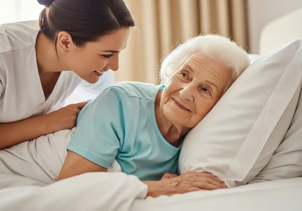 Donna di circa 70 anni allettata e ricoverata in una RSA felice per le attenzioni ricevute da un'operatrice sanitaria | HIP Sistema Letto