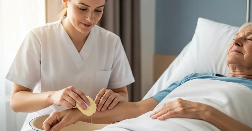 Operatore sanitario che lava il braccio di una paziente anziana allettata | HIP Sistema Letto