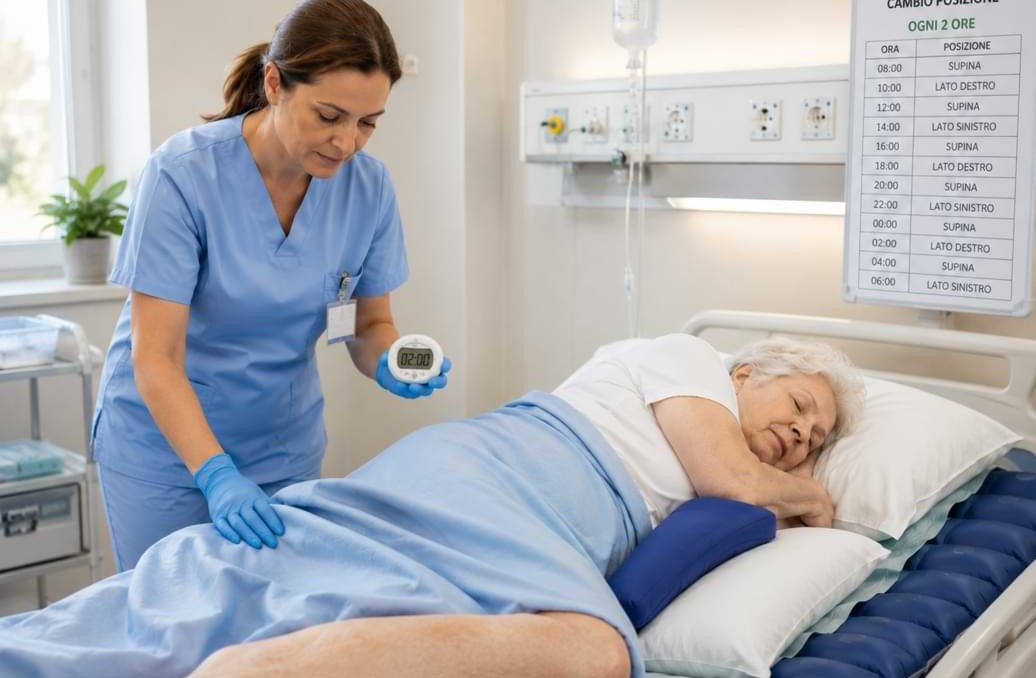 Un'infermiera si prende cura di una paziente allettata per evitare insorgenza lesioni da pressione | HIP Sistema Letto