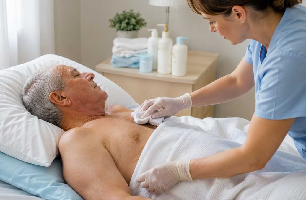 Un degente allettato suda copiosamente e una operatrice sanitaria lo aiuta tamponando il sudore | HIP Sistema Letto
