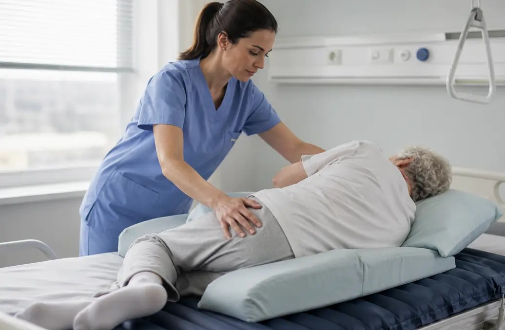 Un'infermiera aiuta un lungodegente a posizionarsi correttamente lateralmente per evitare piaghe da decubito | HIP Sistema Letto