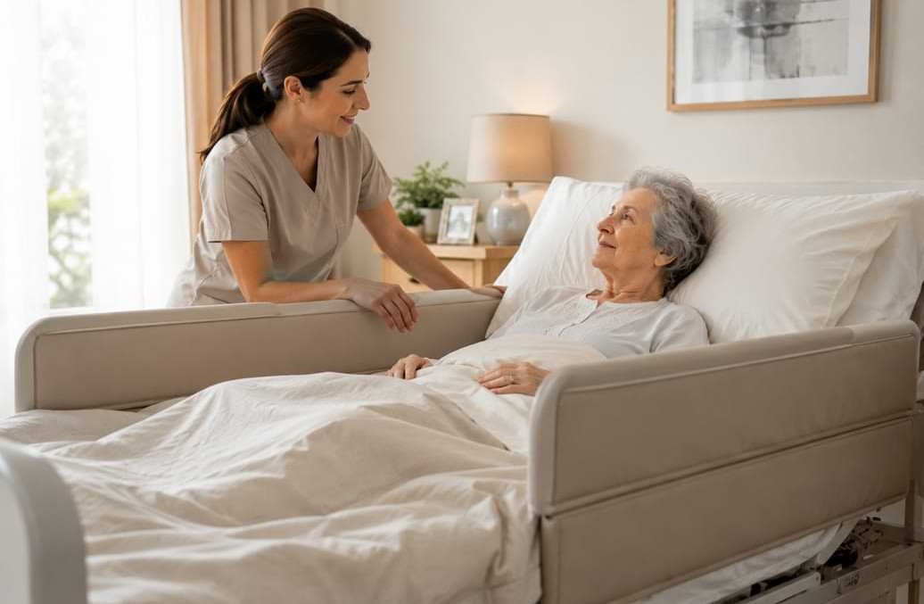 Una caregiver assiste una degente domiciliare allettata | HIP Sistema Letto