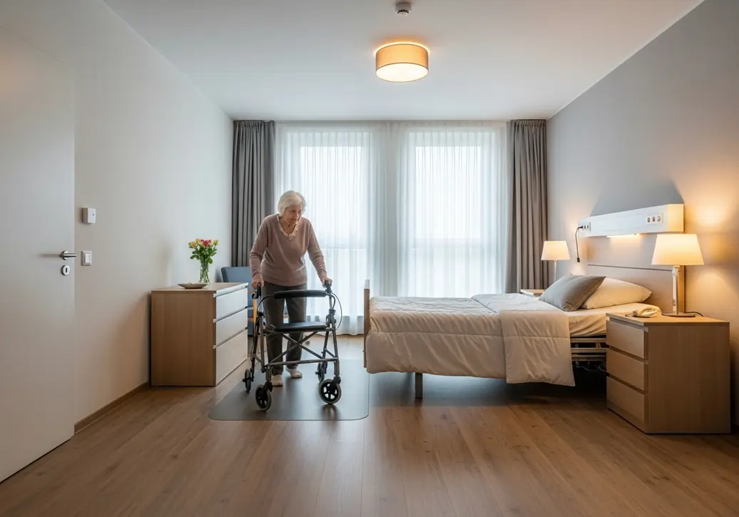 Donna anziana che si muove con il suo deambulatore in una stanza ampia e senza ostacoli | HIP Sistema Letto