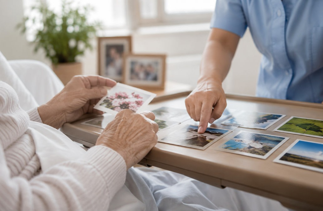 Un'anziana allettata che riconosce le immagini durante una seduta terapeutica per prevenire il declino cognitivo dovuto all'età e alla condizione di allettamento | HIP Sistema Letto